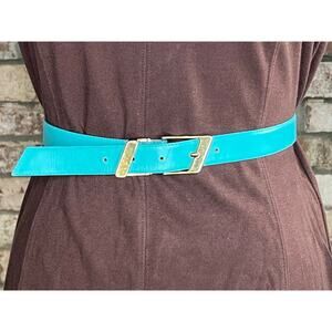 belt vegan leather blue aqua teal goldtone geometric slant buckle 1980s